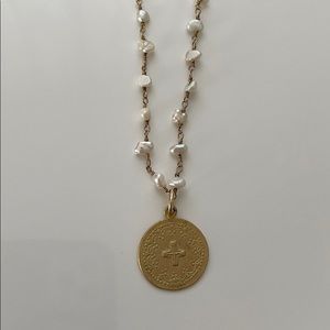 Beaded Pearl Necklace with Cross Coin
